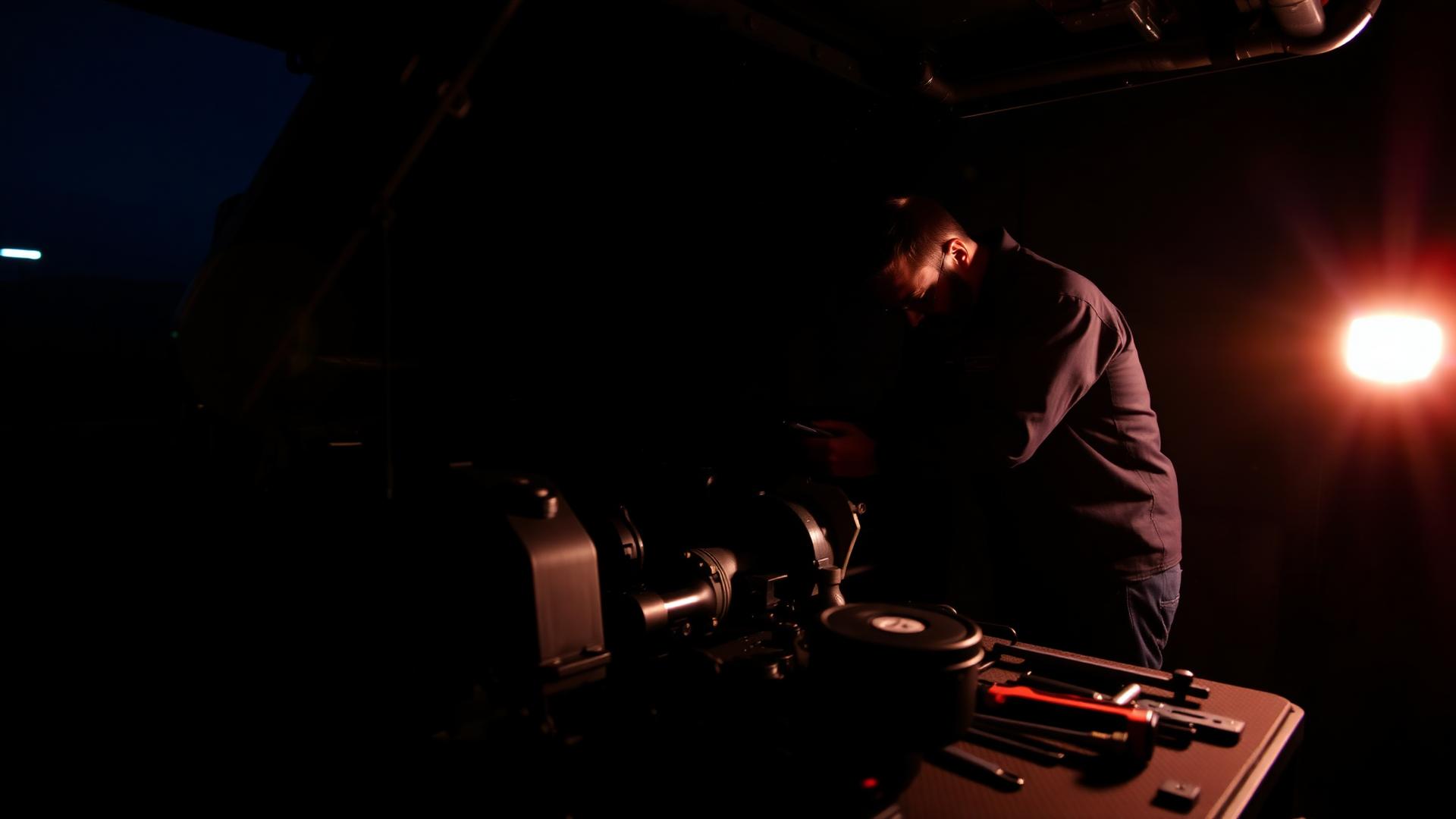 Farino mechanic working under the hood at night
